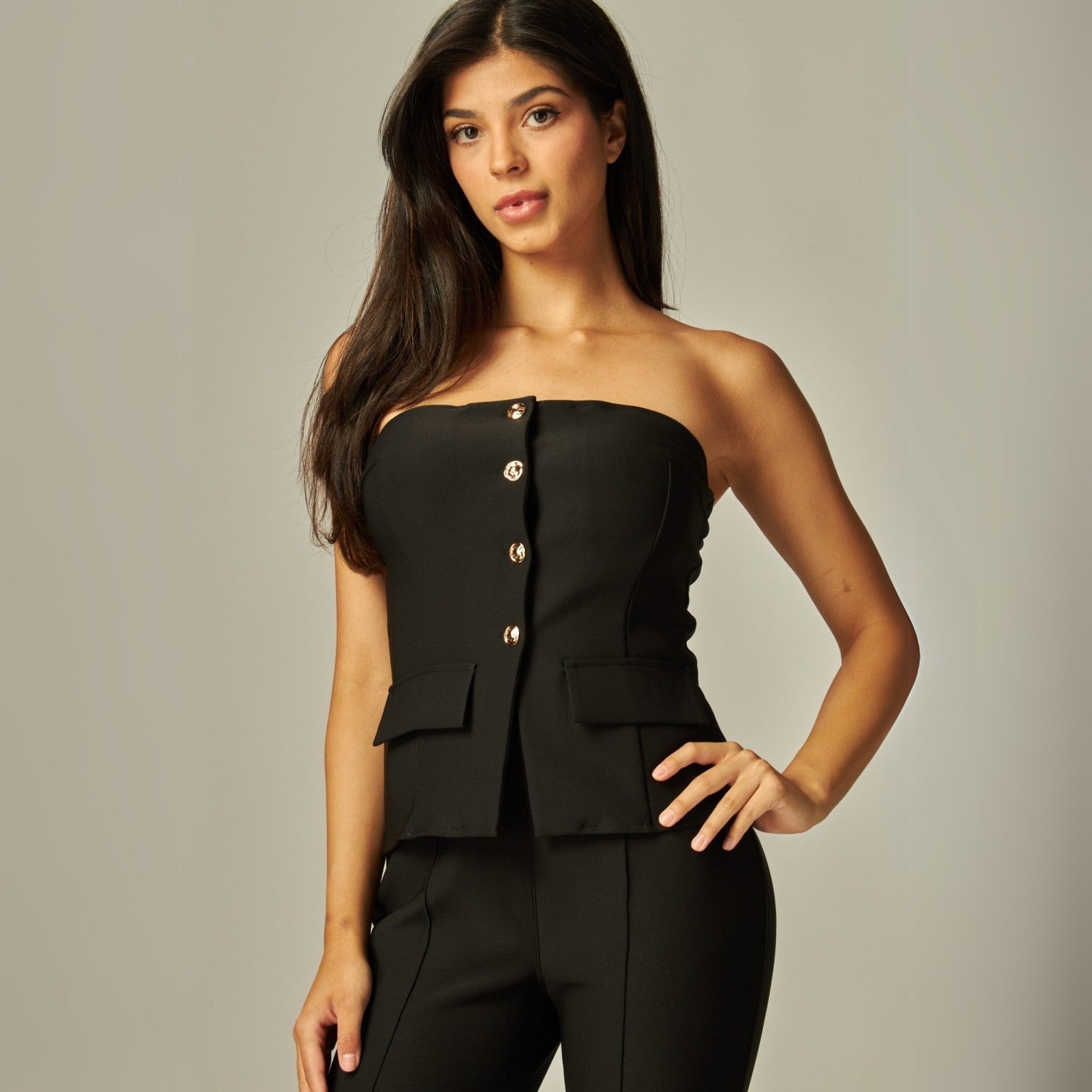 Scuba Knit Strapless Button Front Tube Top