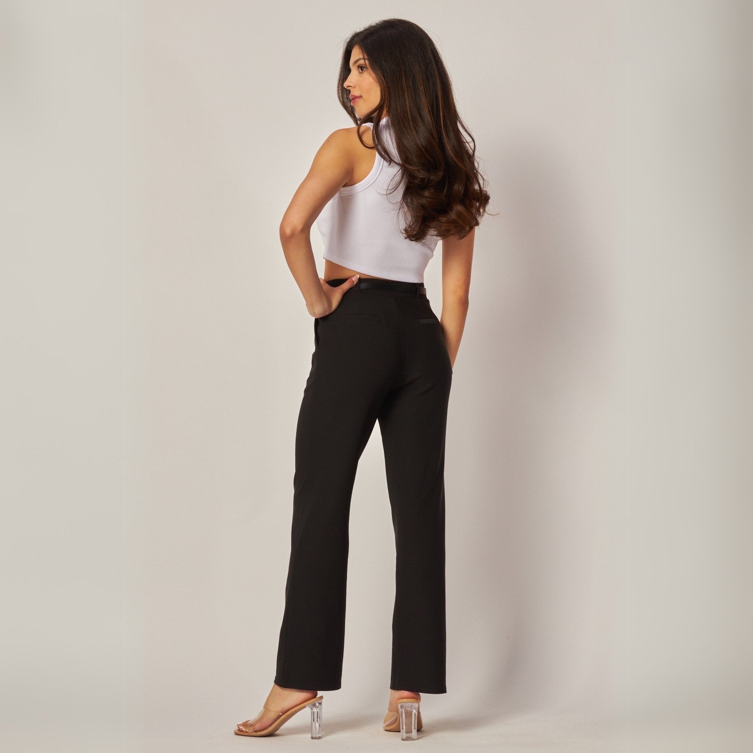 Stretchy Scuba Belted Side Pocket Straight Pants