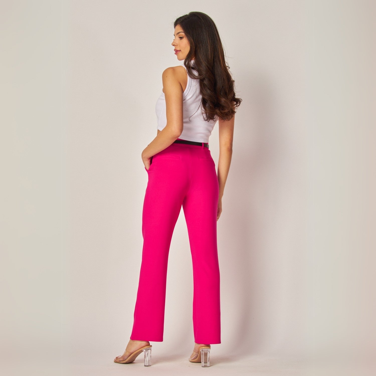 Stretchy Scuba Belted Side Pocket Straight Pants