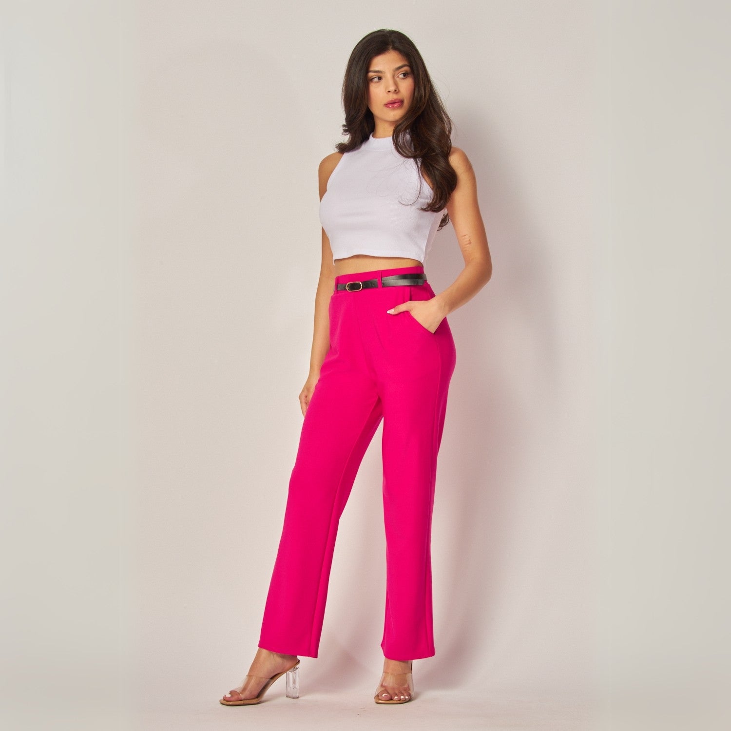 Stretchy Scuba Belted Side Pocket Straight Pants