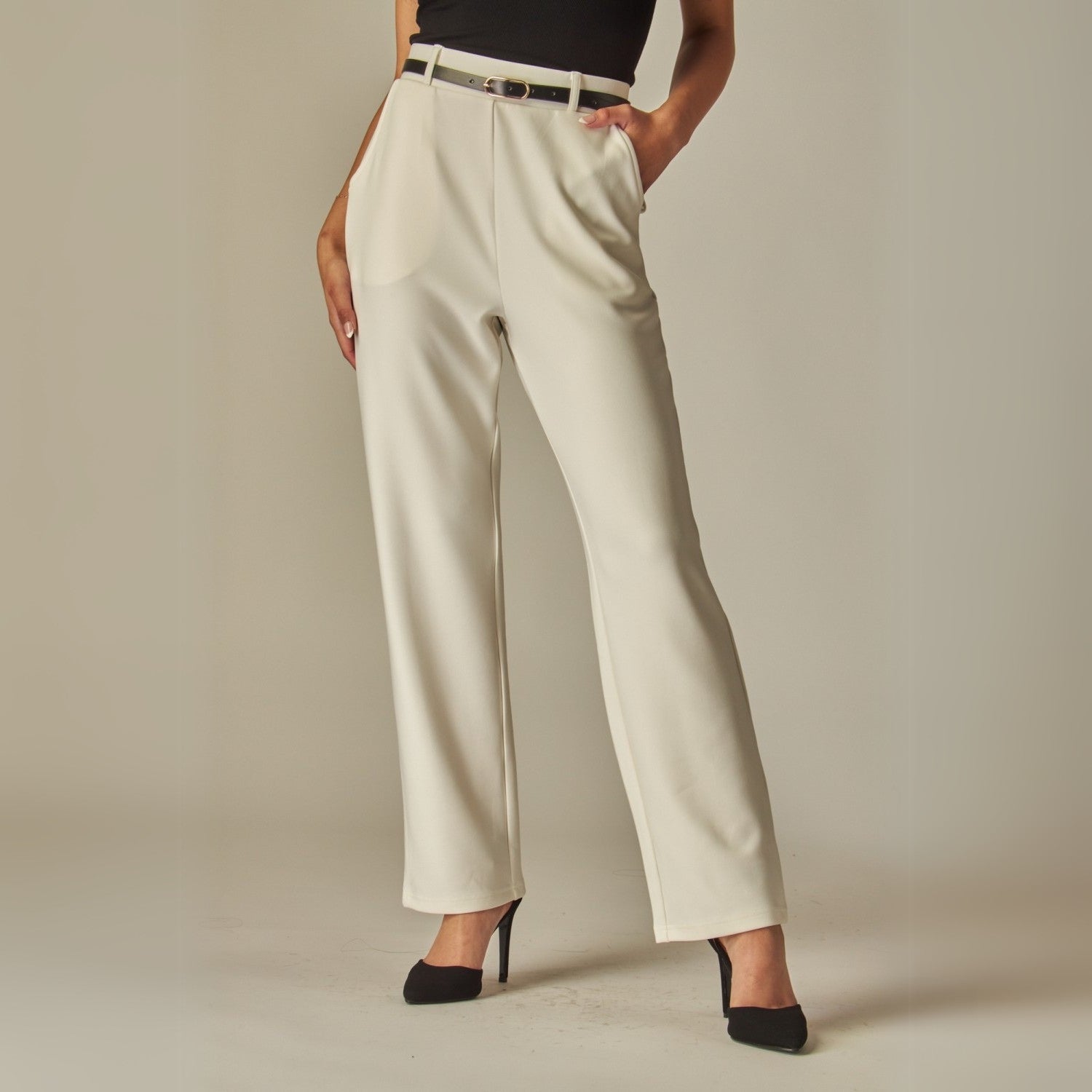 Stretchy Scuba Belted Side Pocket Straight Pants