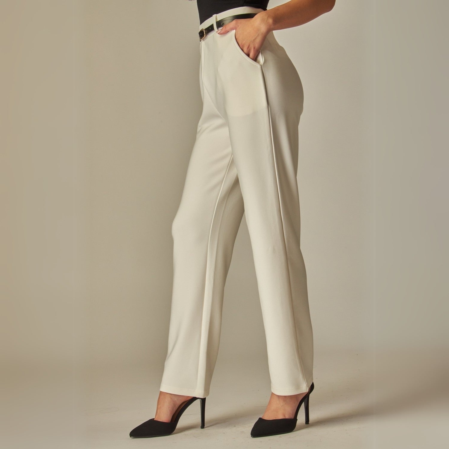 Stretchy Scuba Belted Side Pocket Straight Pants