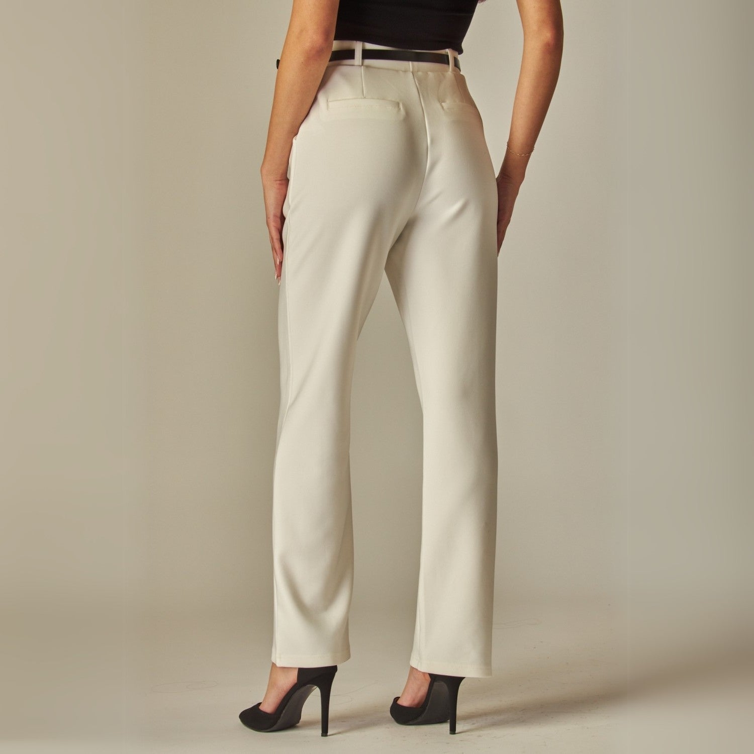 Stretchy Scuba Belted Side Pocket Straight Pants